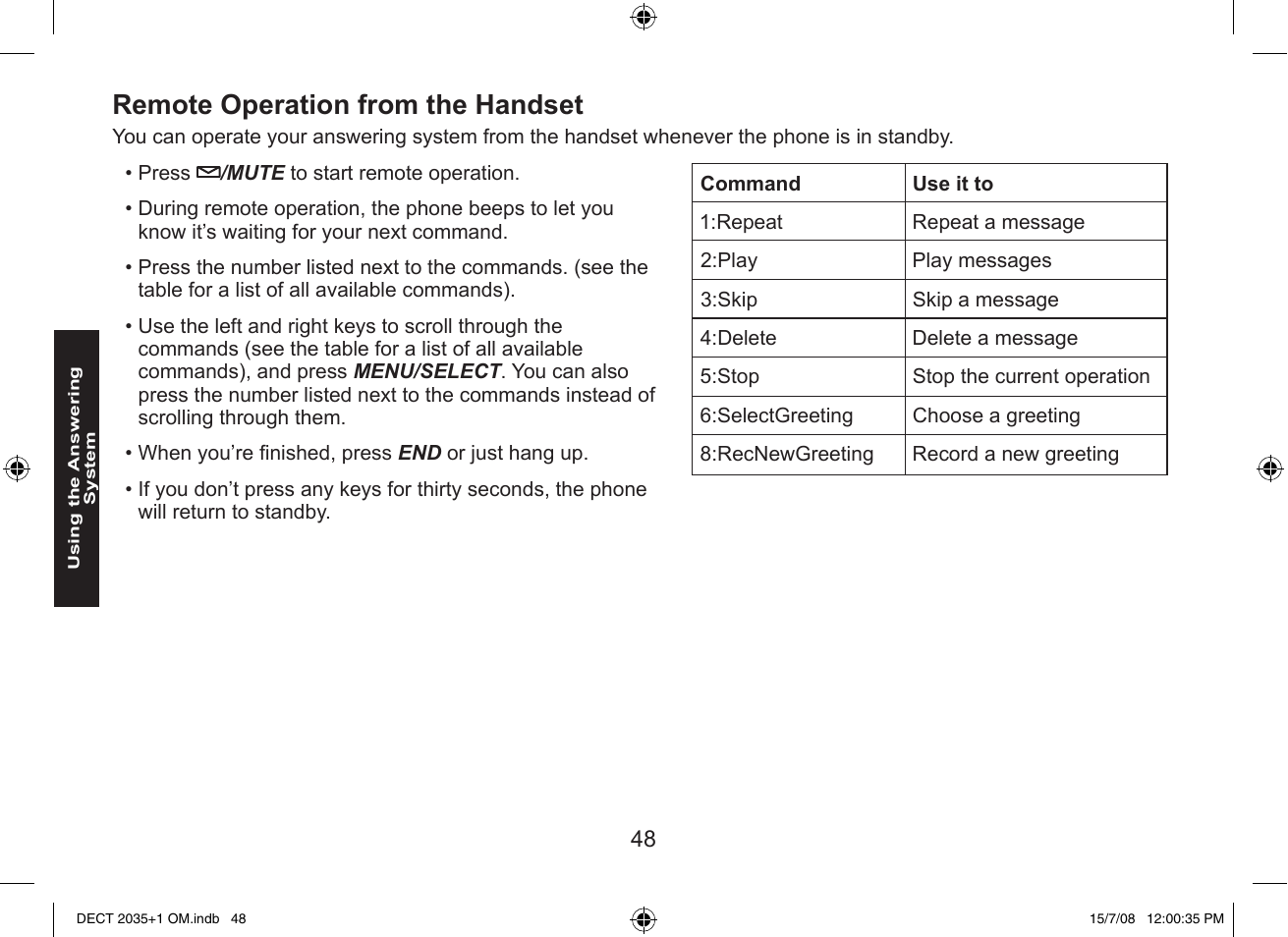 Remote operation from the handset | Uniden DECT2035+2 User Manual | Page 48 / 72