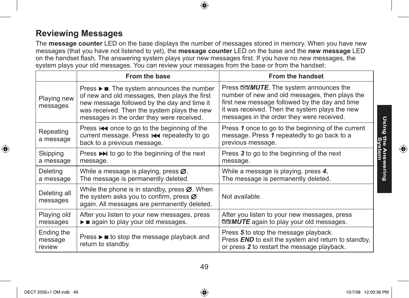 Reviewing messages | Uniden DECT2035+2 User Manual | Page 49 / 72