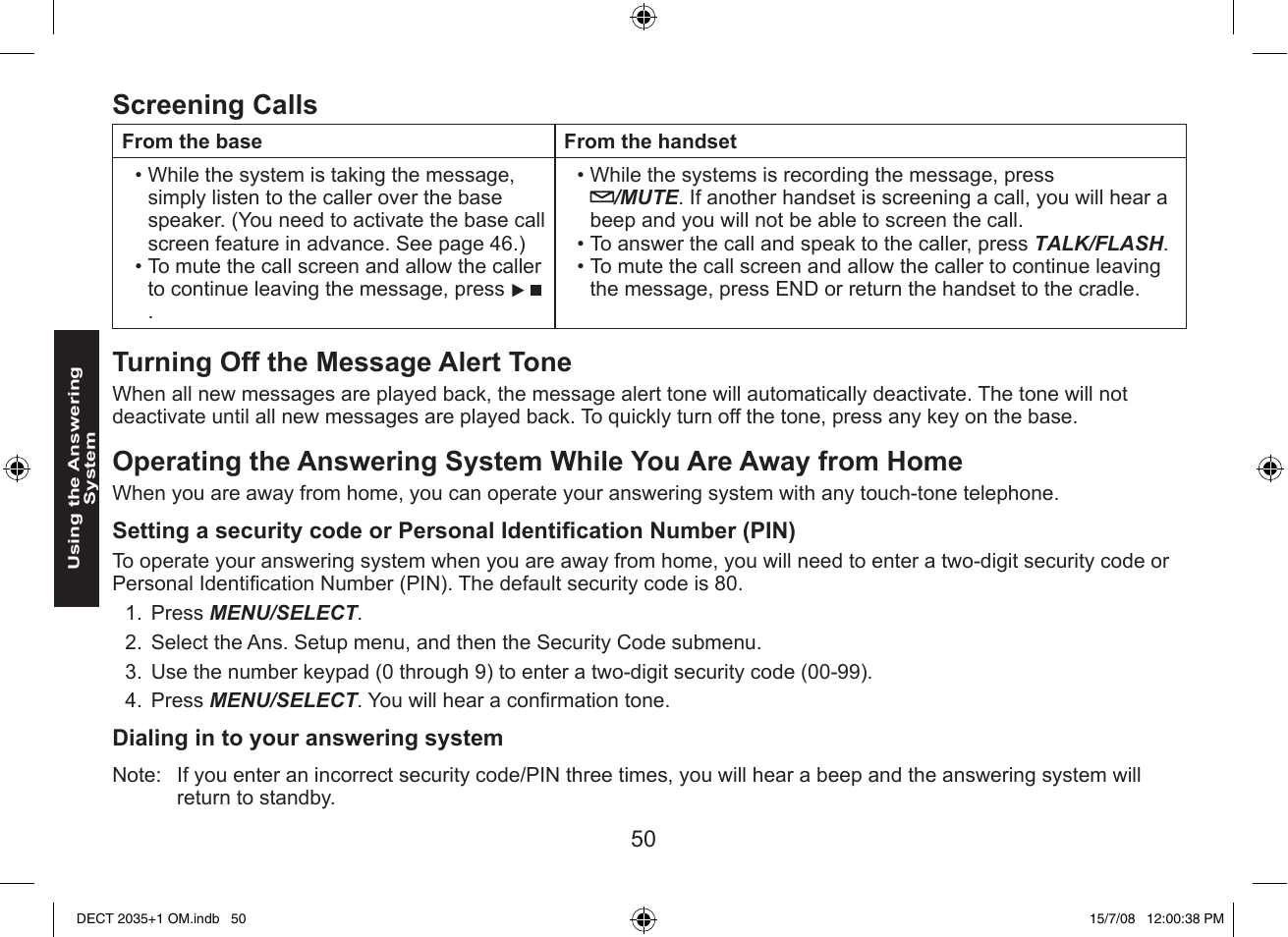 Screening calls, Turning off the message alert tone | Uniden DECT2035+2 User Manual | Page 50 / 72