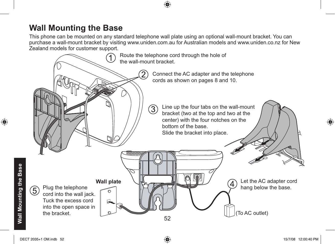 Wall mounting the base | Uniden DECT2035+2 User Manual | Page 52 / 72