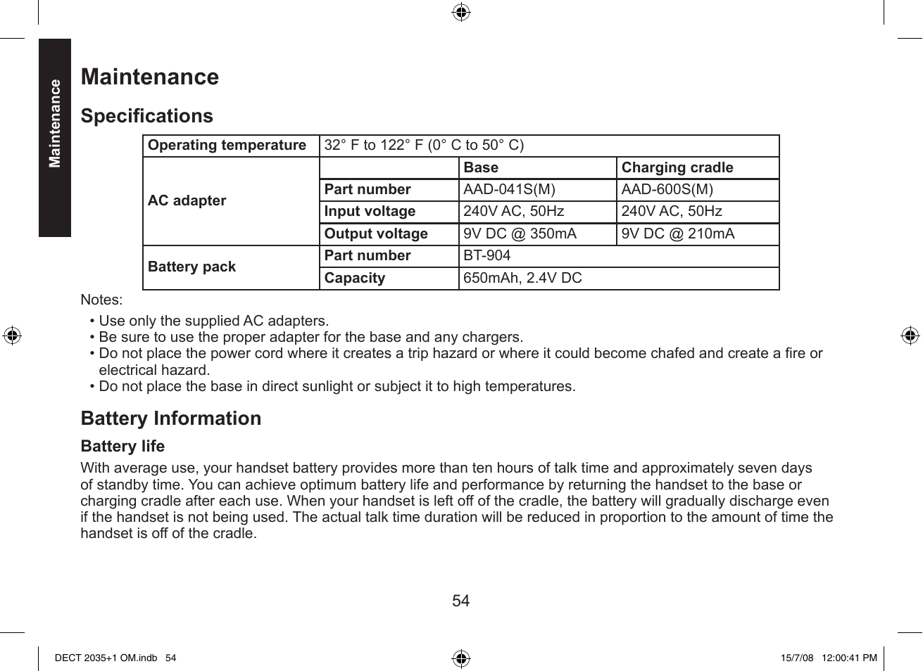 Maintenance, Specifi cations, Battery information | Uniden DECT2035+2 User Manual | Page 54 / 72