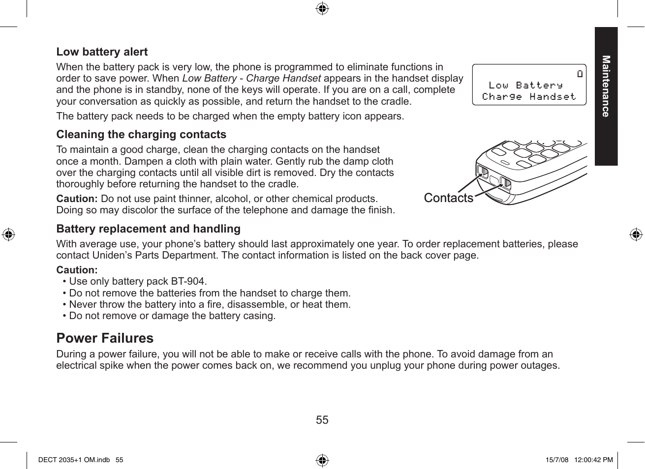 Power failures | Uniden DECT2035+2 User Manual | Page 55 / 72