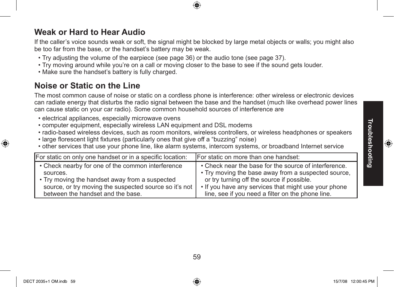 Weak or hard to hear audio, Noise or static on the line | Uniden DECT2035+2 User Manual | Page 59 / 72
