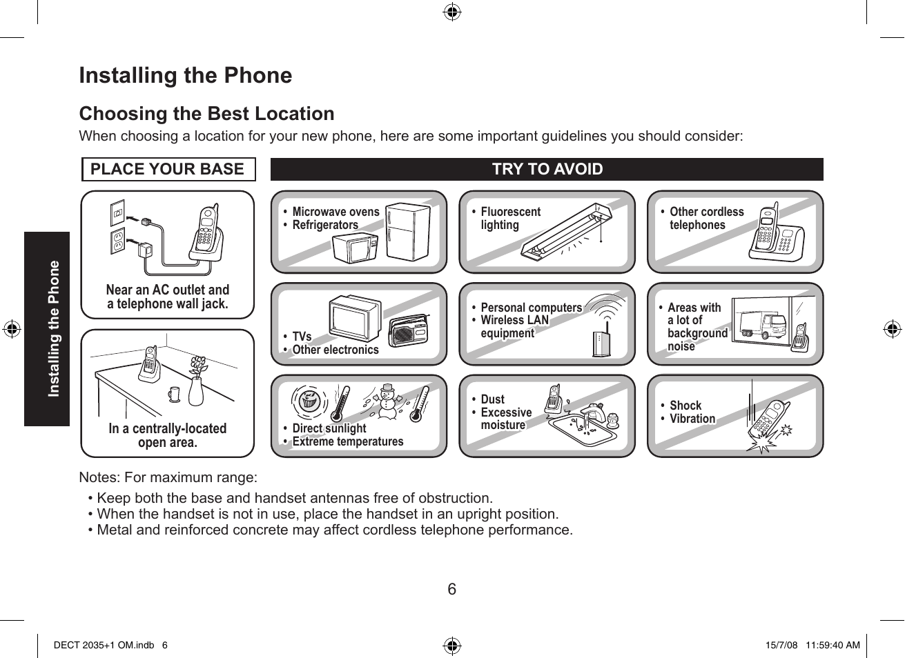 Installing the phone, Choosing the best location | Uniden DECT2035+2 User Manual | Page 6 / 72