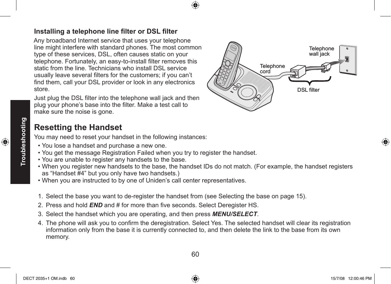 Resetting the handset | Uniden DECT2035+2 User Manual | Page 60 / 72
