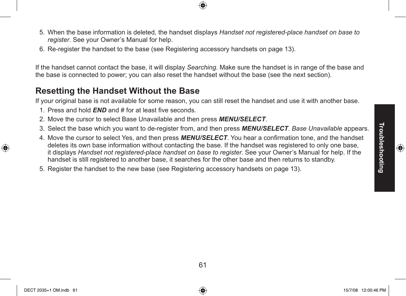 Resetting the handset without the base | Uniden DECT2035+2 User Manual | Page 61 / 72