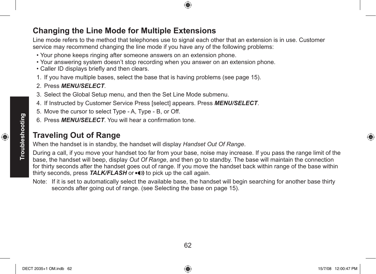 Changing the line mode for multiple extensions, Traveling out of range | Uniden DECT2035+2 User Manual | Page 62 / 72
