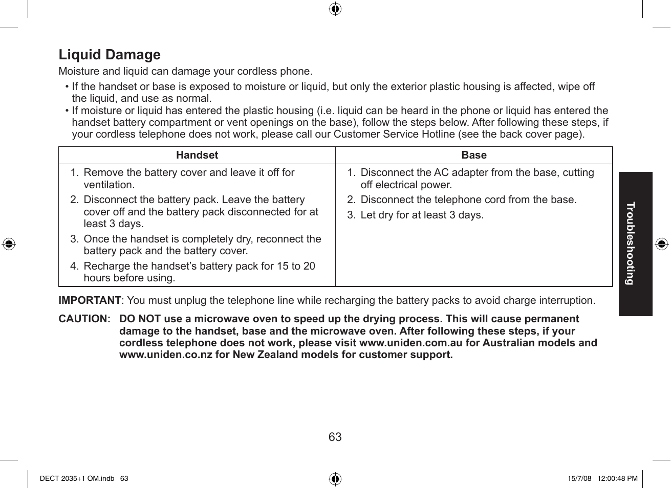 Liquid damage | Uniden DECT2035+2 User Manual | Page 63 / 72