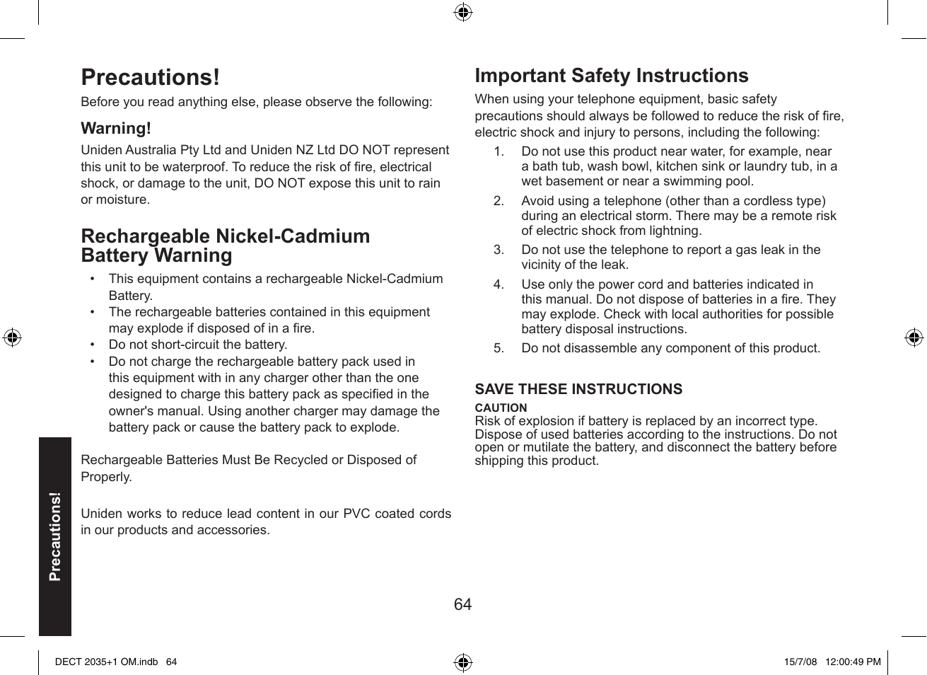 Precautions, Rechargeable nickel-cadmium battery warning, Important safety instructions | Uniden DECT2035+2 User Manual | Page 64 / 72