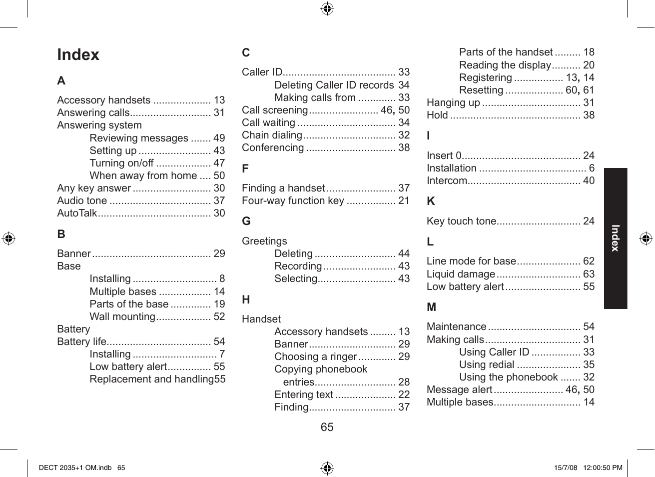 Index | Uniden DECT2035+2 User Manual | Page 65 / 72