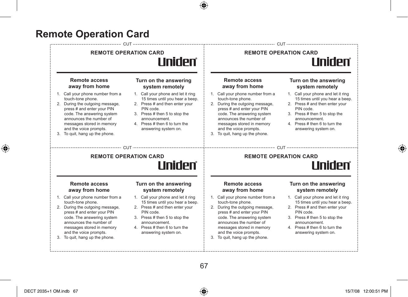 Remote operation card | Uniden DECT2035+2 User Manual | Page 67 / 72