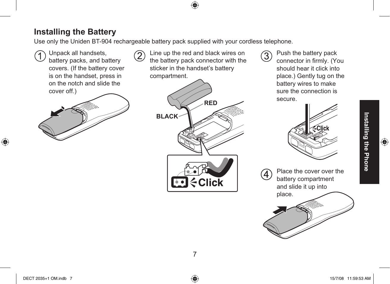 Installing the battery | Uniden DECT2035+2 User Manual | Page 7 / 72