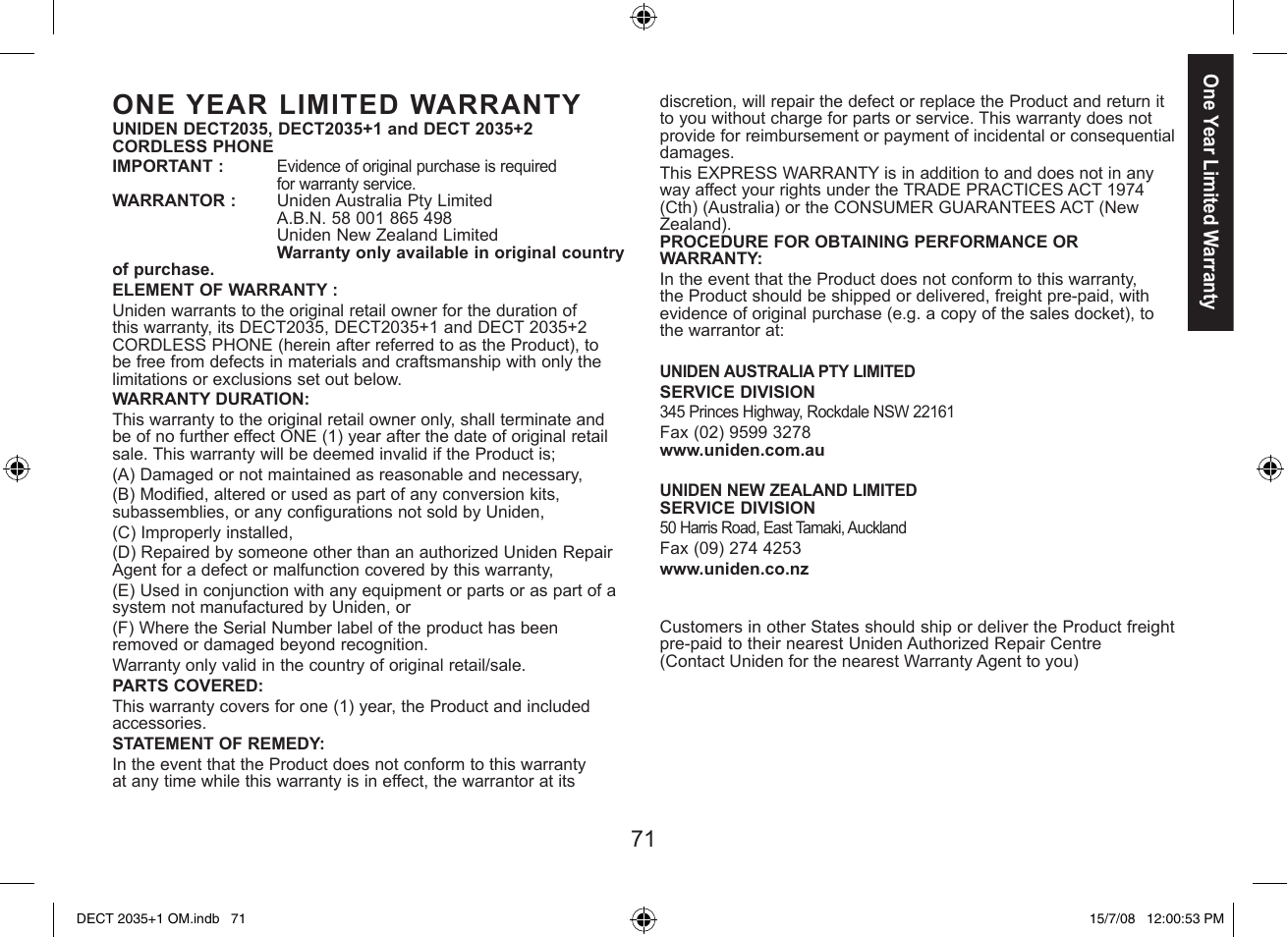 One year limited warranty | Uniden DECT2035+2 User Manual | Page 71 / 72