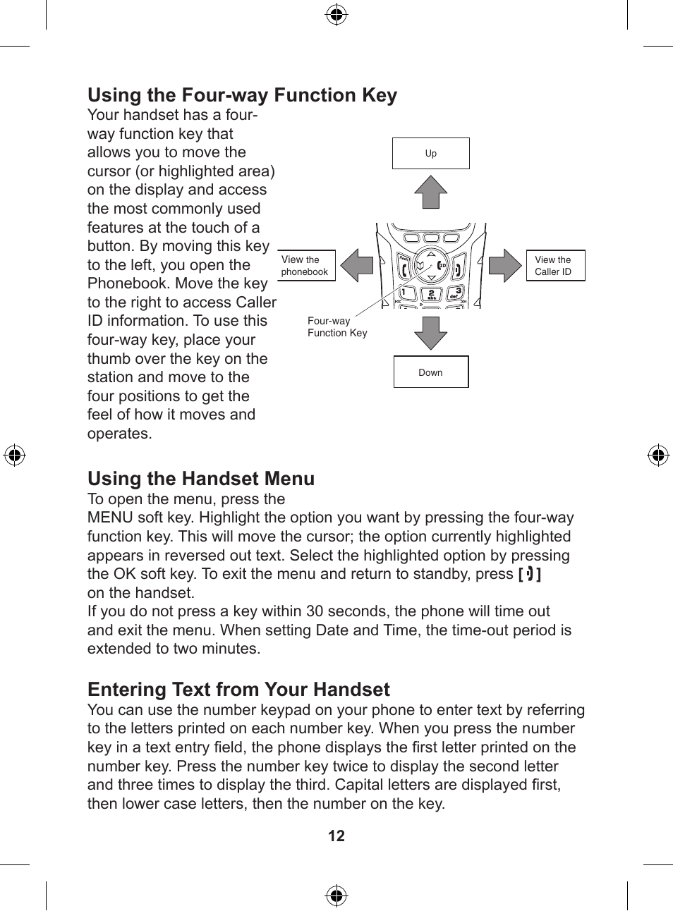 Using the four-way function key, Using the handset menu, Entering text from your handset | Uniden DSS 7805WP User Manual | Page 13 / 24
