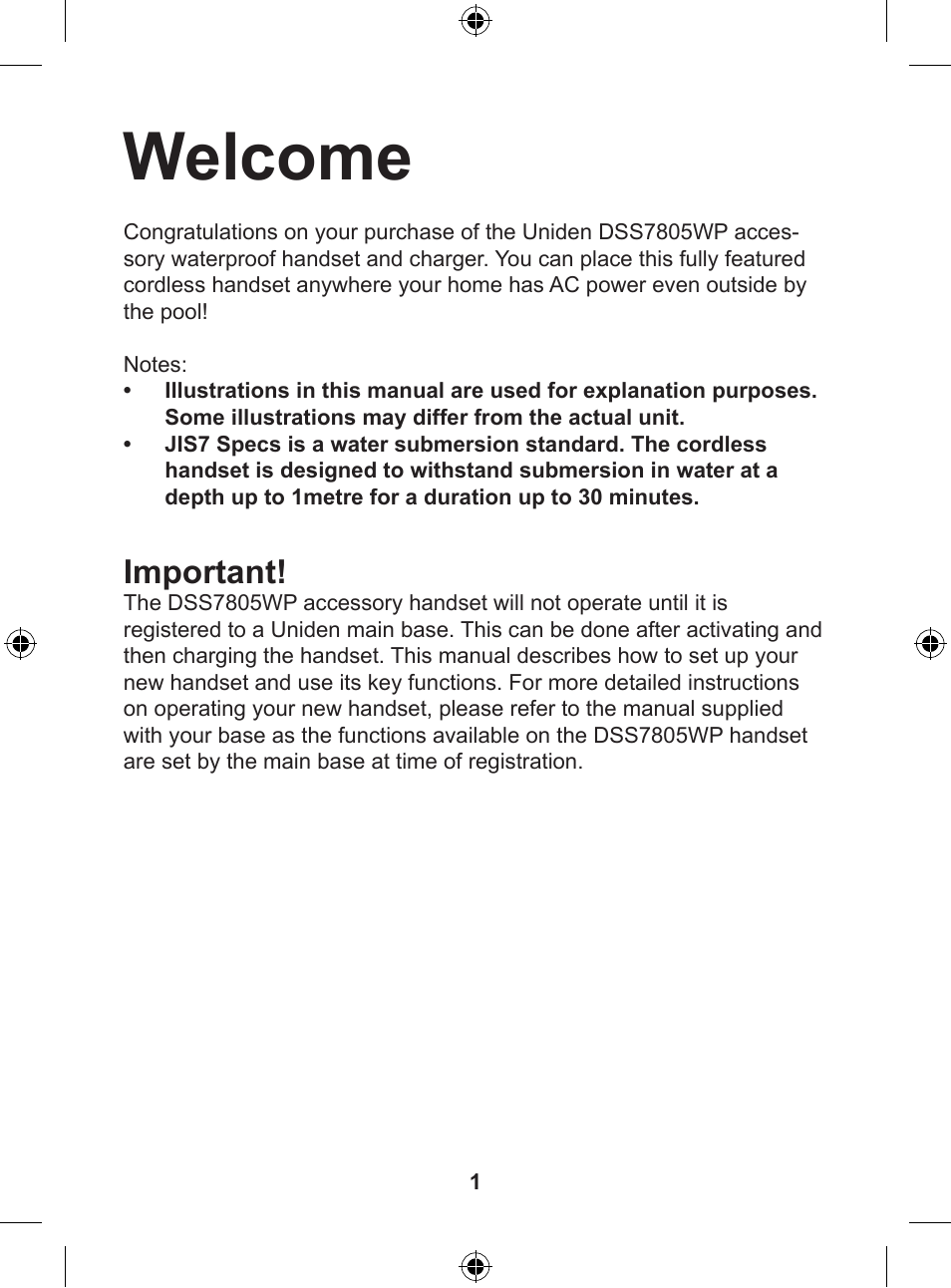 Welcome, Important | Uniden DSS 7805WP User Manual | Page 2 / 24