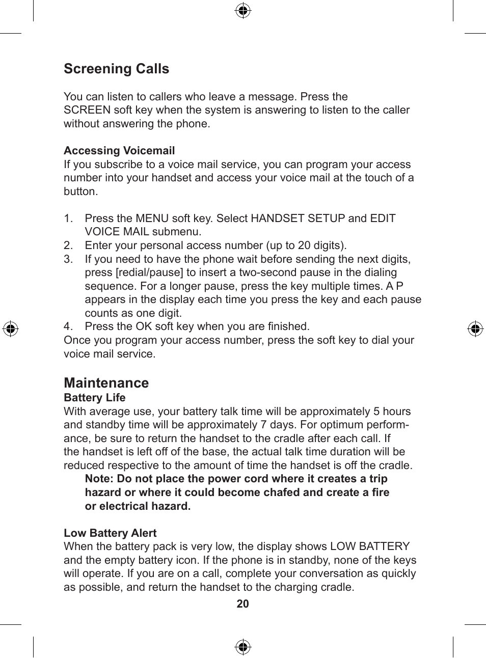 Screening calls, Maintenance | Uniden DSS 7805WP User Manual | Page 21 / 24