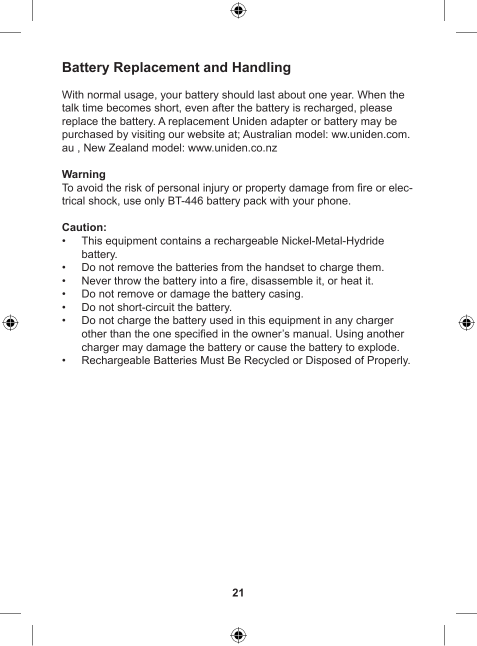 Battery replacement and handling | Uniden DSS 7805WP User Manual | Page 22 / 24