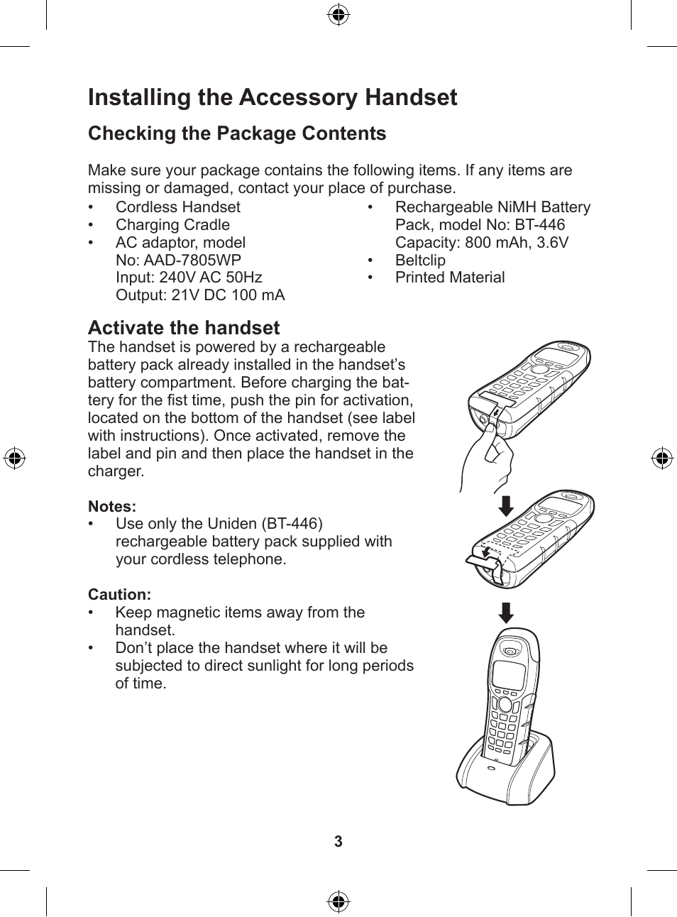 Installing the accessory handset, Checking the package contents, Activate the handset | Uniden DSS 7805WP User Manual | Page 4 / 24