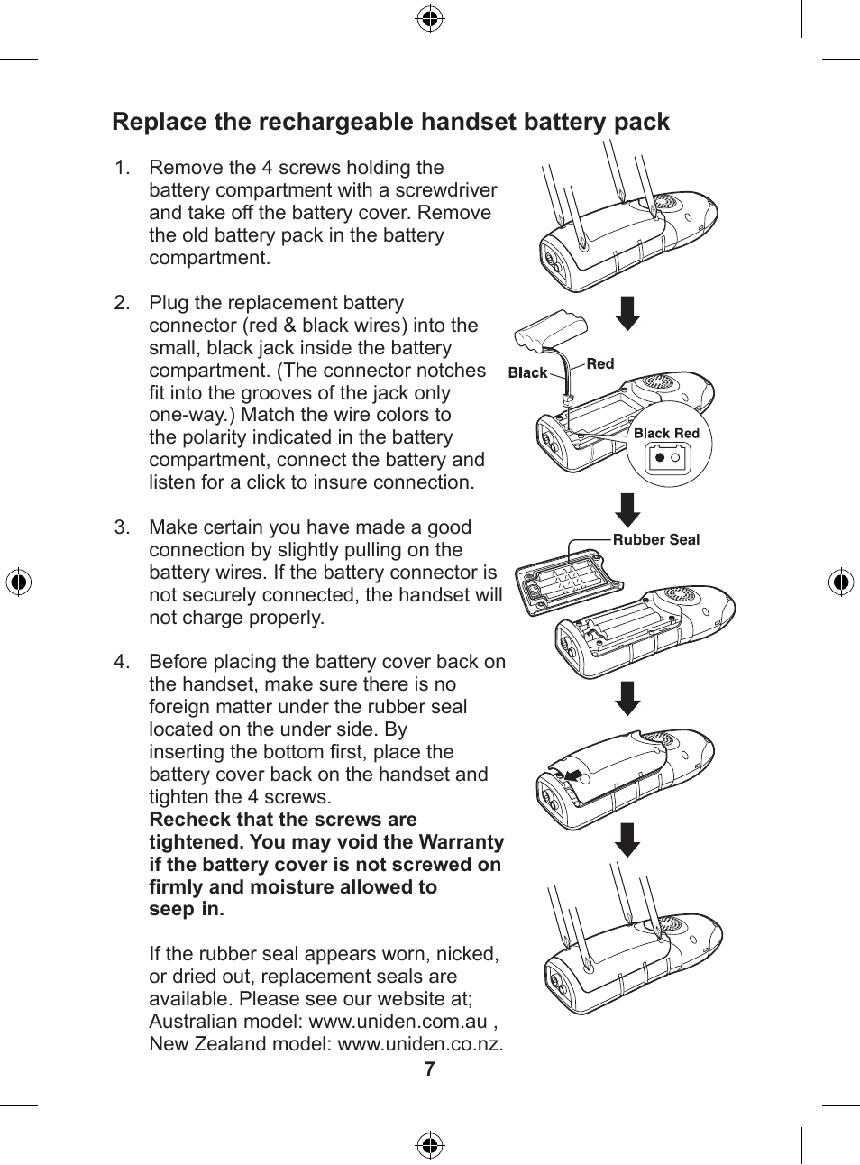 Replace the rechargeable handset battery pack | Uniden DSS 7805WP User Manual | Page 8 / 24