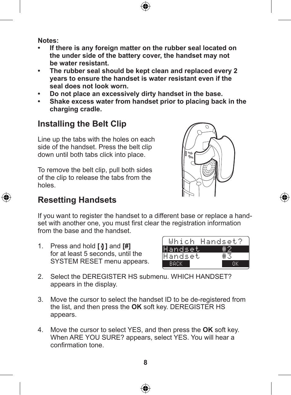 Installing the belt clip, Resetting handsets | Uniden DSS 7805WP User Manual | Page 9 / 24