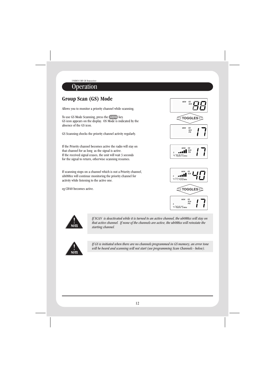 Operation, Group scan (gs) mode | Uniden UH088SX User Manual | Page 14 / 24