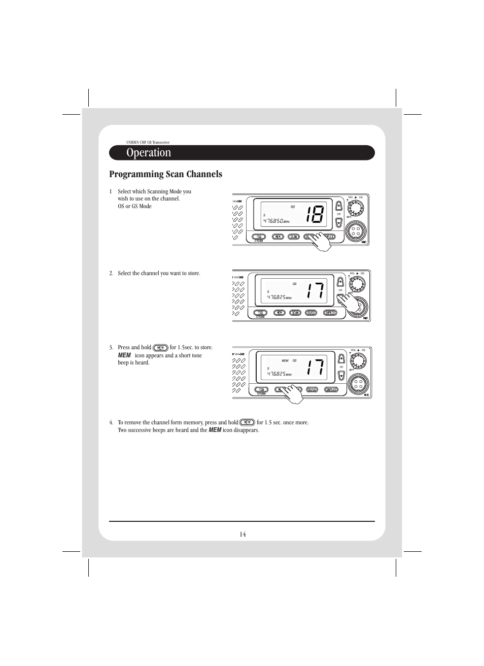 Operation, Programming scan channels | Uniden UH088SX User Manual | Page 16 / 24
