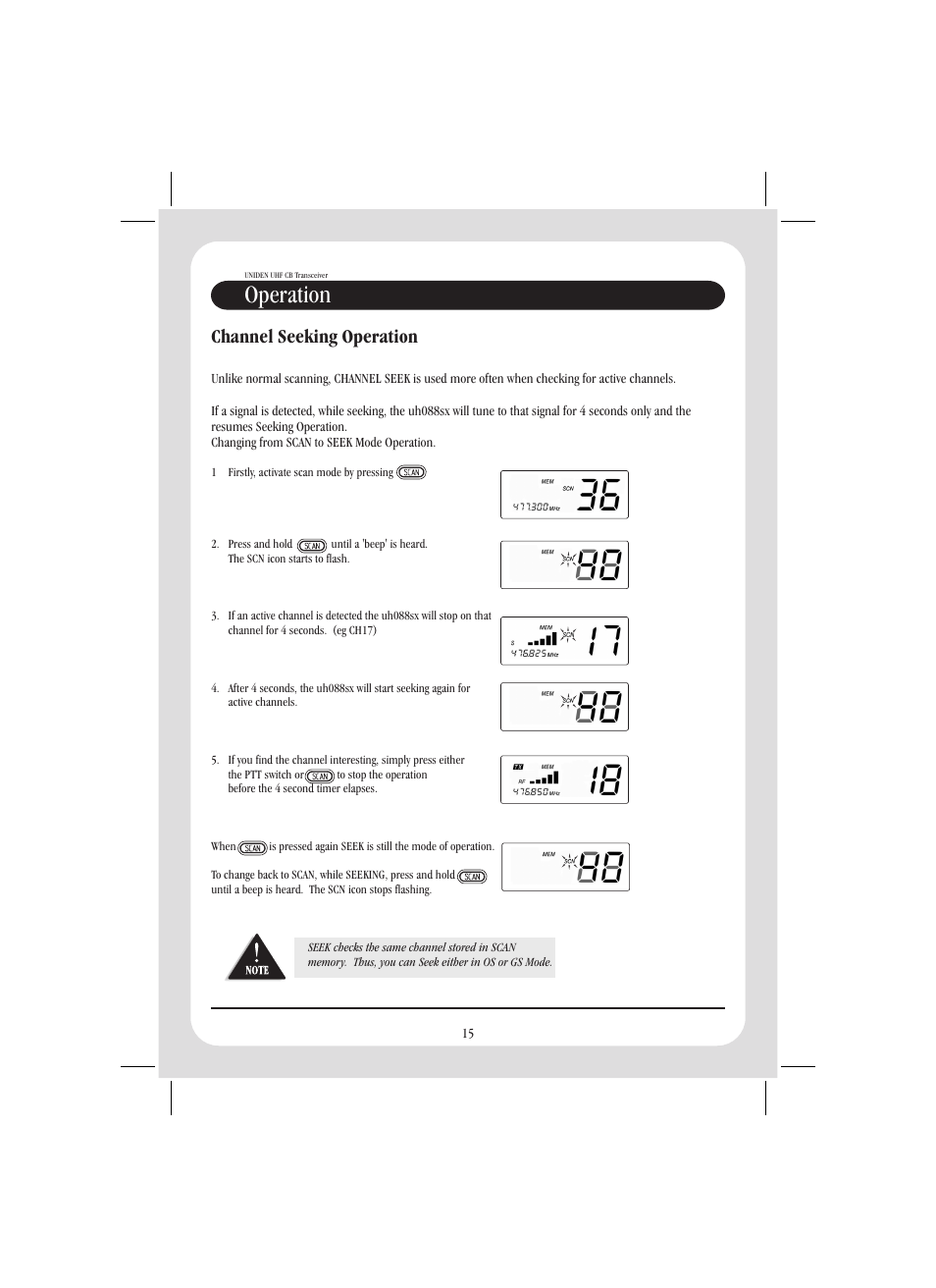 Operation, Channel seeking operation | Uniden UH088SX User Manual | Page 17 / 24