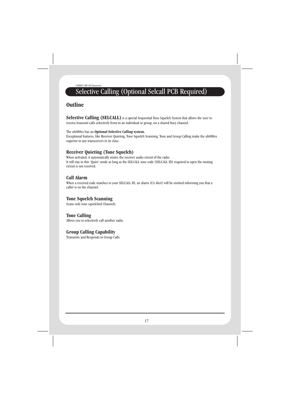 Selective calling (optional selcall pcb required), Outline | Uniden UH088SX User Manual | Page 19 / 24