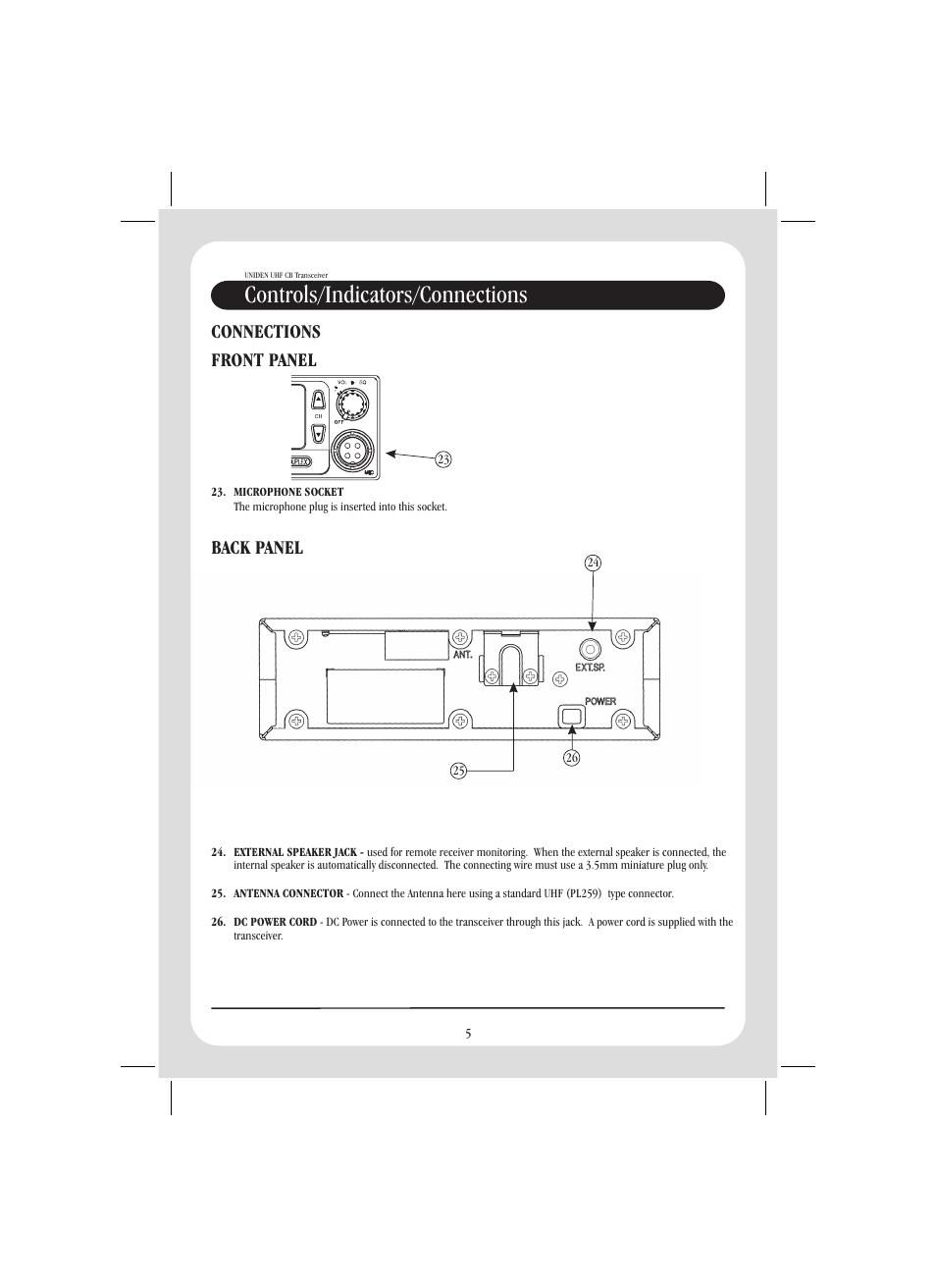 Controls/indicators/connections, Connections front panel back panel | Uniden UH088SX User Manual | Page 7 / 24