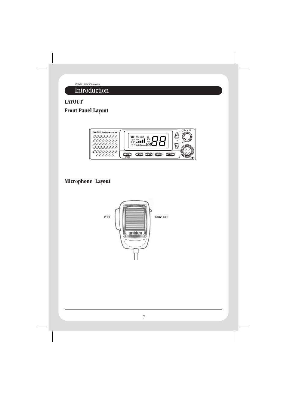 Introduction, Layout front panel layout microphone layout | Uniden UH088SX User Manual | Page 9 / 24