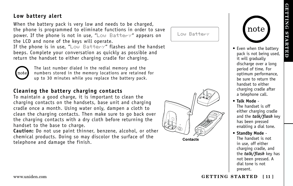 Cleaning the battery charging contacts, Low battery alert | Uniden Answering Machine User Manual | Page 11 / 52