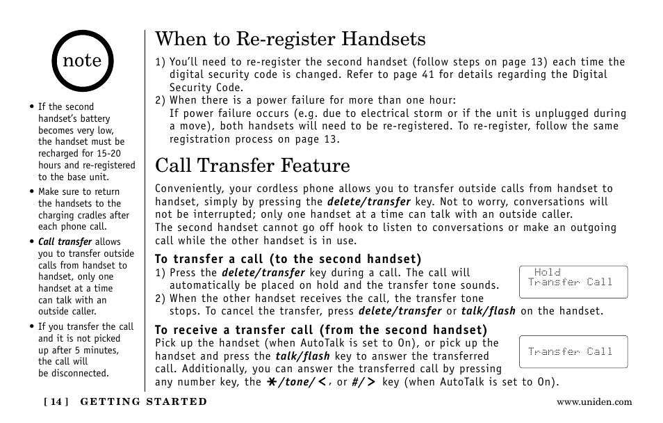 When to re-register handsets, Call transfer feature | Uniden Answering Machine User Manual | Page 14 / 52