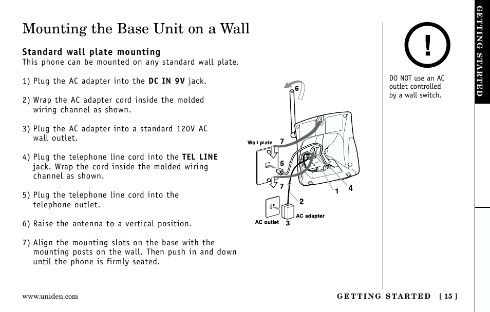 Mounting the base unit on a wall | Uniden Answering Machine User Manual | Page 15 / 52