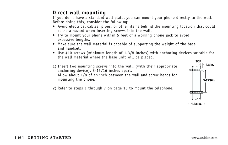 Direct wall mounting | Uniden Answering Machine User Manual | Page 16 / 52