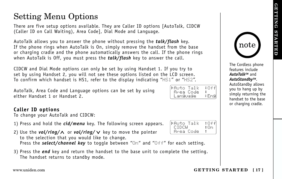 Setting menu options | Uniden Answering Machine User Manual | Page 17 / 52