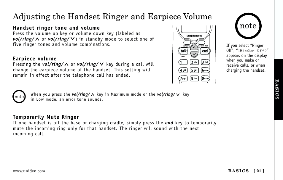 Adjusting the handset ringer and earpiece volume | Uniden Answering Machine User Manual | Page 21 / 52