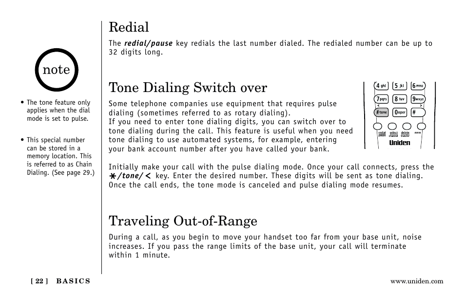 Redial, Tone dialing switch over, Traveling out-of-range | Uniden Answering Machine User Manual | Page 22 / 52