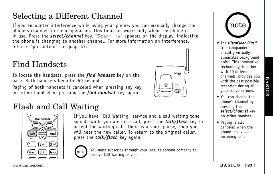 Flash and call waiting, Find handsets, Selecting a different channel | Uniden Answering Machine User Manual | Page 23 / 52