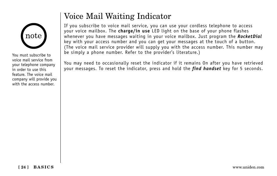 Voice mail waiting indicator | Uniden Answering Machine User Manual | Page 24 / 52