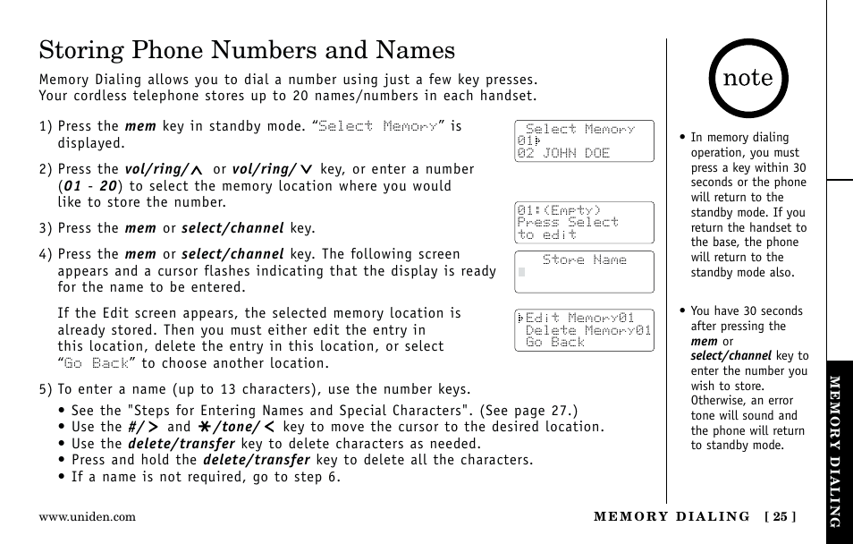 Storing phone numbers and names | Uniden Answering Machine User Manual | Page 25 / 52