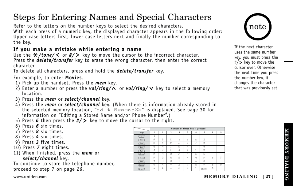 Steps for entering names and special characters, If you make a mistake while entering a name, Use the | Uniden Answering Machine User Manual | Page 27 / 52