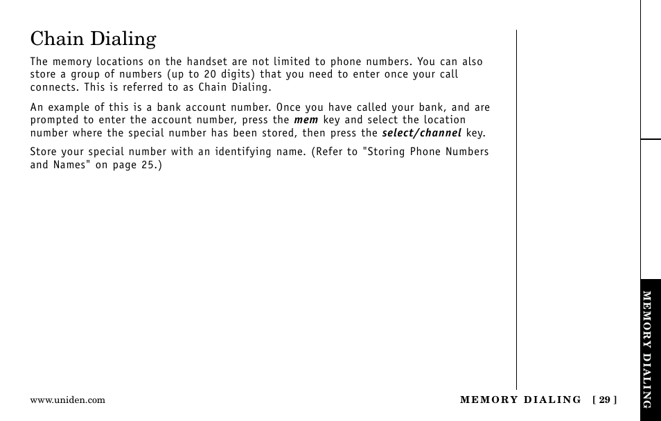 Chain dialing | Uniden Answering Machine User Manual | Page 29 / 52