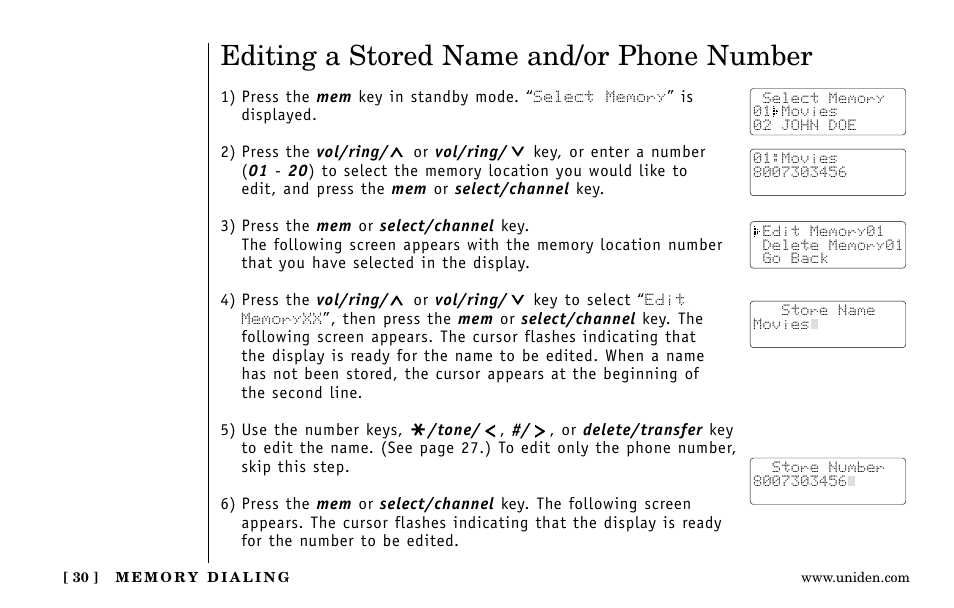 Editing a stored name and/or phone number | Uniden Answering Machine User Manual | Page 30 / 52