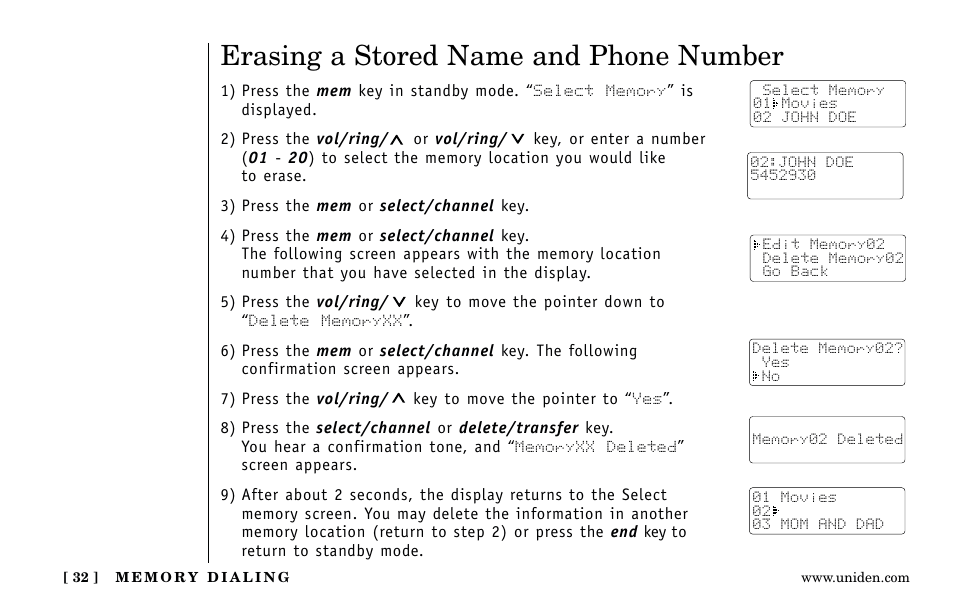 Erasing a stored name and phone number | Uniden Answering Machine User Manual | Page 32 / 52