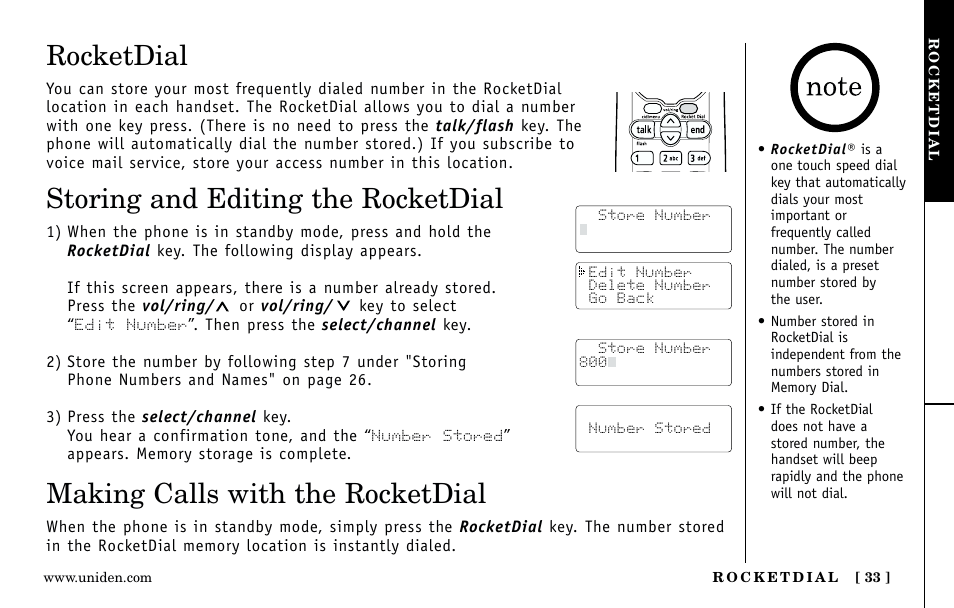 Rocketdial, Storing and editing the rocketdial, Making calls with the rocketdial | Uniden Answering Machine User Manual | Page 33 / 52