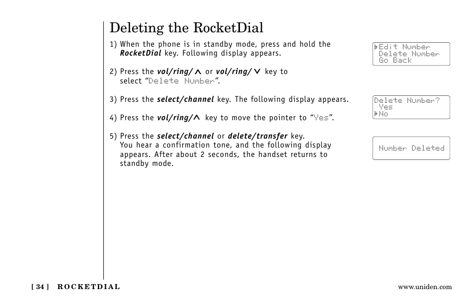Deleting the rocketdial | Uniden Answering Machine User Manual | Page 34 / 52
