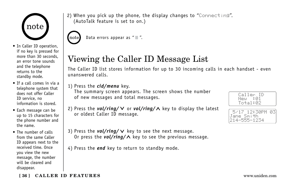 Viewing the caller id message list | Uniden Answering Machine User Manual | Page 36 / 52