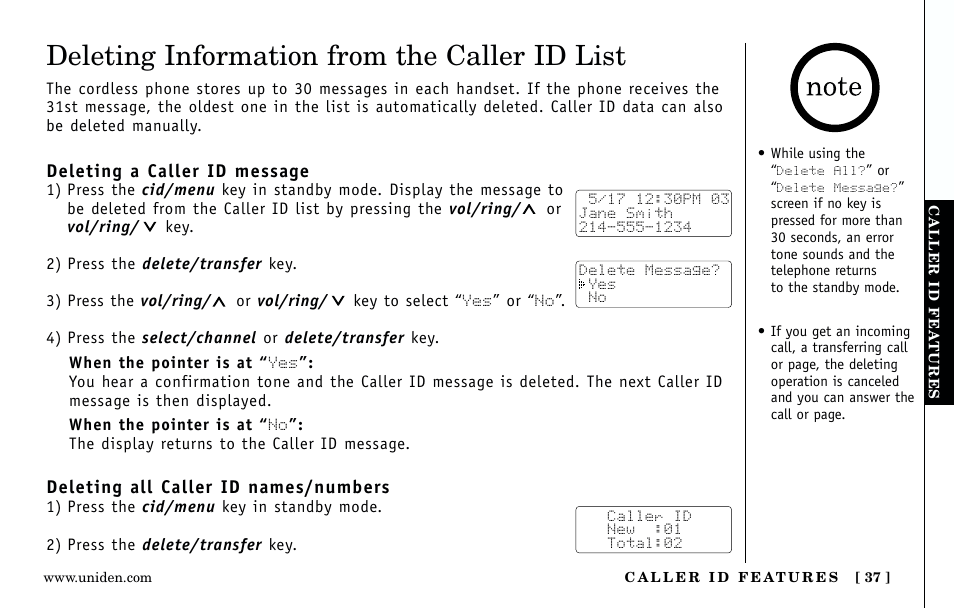 Deleting information from the caller id list | Uniden Answering Machine User Manual | Page 37 / 52