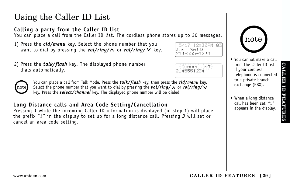 Using the caller id list | Uniden Answering Machine User Manual | Page 39 / 52