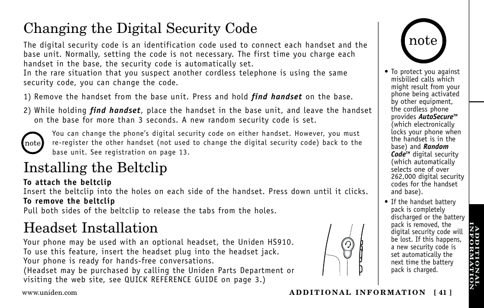 Changing the digital security code, Installing the beltclip, Headset installation | Uniden Answering Machine User Manual | Page 41 / 52